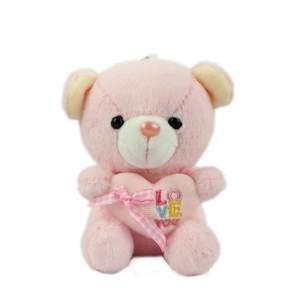 Cute pink plush bear keychain with heart embroidery and ribbon bow for bag accessory