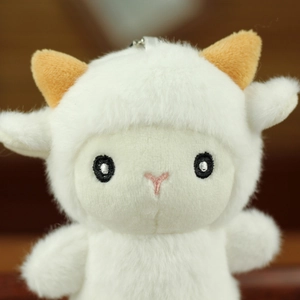 Dettaglio del portachiavi a forma di pecora di peluche bianca con consistenza soffice