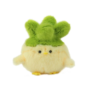 Cute yellow chicken plush keychain with green leaf hat and fluffy faux rabbit fur texture