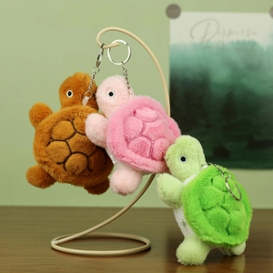 Cute plush turtle keychain set in brown, pink, and green colors with metal chains