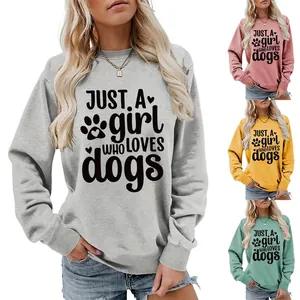 Just A Girl Who Loves Dogs Print Women Sweatshirt Cotton Blend Long Sleeve Round Neck Casual Pullover Loose Fit