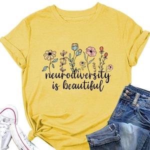 Ginger crew neck t-shirt with floral print and Neurodiversity is Beautiful text detail