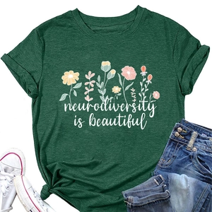 Green neurodiversity is beautiful t-shirt with floral print and tied hem detail