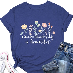 Detail of neurodiversity is beautiful slogan print on a navy blue cotton T-shirt