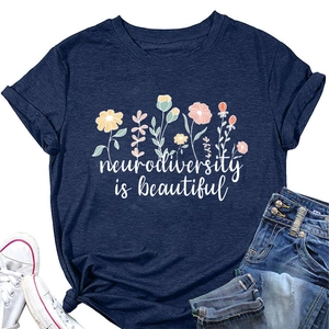 Navy crew neck T-shirt with neurodiversity is beautiful floral print and denim shorts