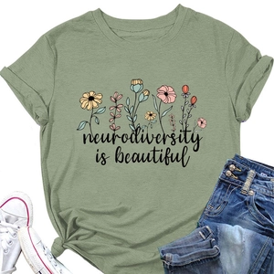 Detail of sage green crew neck t-shirt with floral neurodiversity is beautiful print