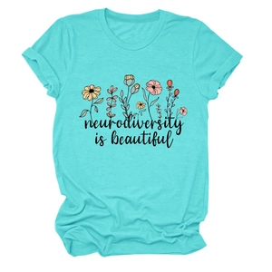 Detail of cyan crew neck t-shirt featuring colorful floral neurodiversity text design