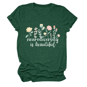 Detail of forest green cotton T-shirt featuring neurodiversity is beautiful floral print