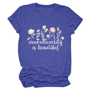 Close-up of Neurodiversity is Beautiful text and floral print on heather purple t-shirt