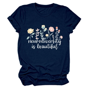 Detail of navy cotton T-shirt featuring neurodiversity is beautiful floral print