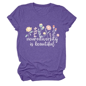 Detail of purple neurodiversity is beautiful T-shirt with floral graphic print