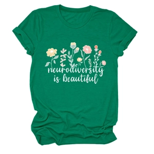 Detail of emerald green t-shirt with floral print and neurodiversity is beautiful text