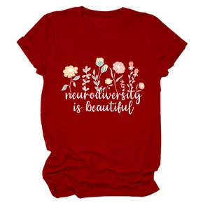 Detail of burgundy crew neck t-shirt with floral Neurodiversity is Beautiful print