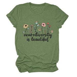 Detail of green cotton T-shirt featuring flower art and neurodiversity is beautiful text