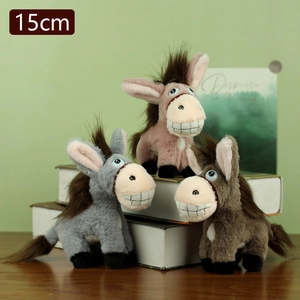 Trois pendentifs âne en peluche 15cm en gris, rose et brun avec grand sourire