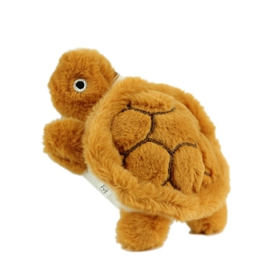 Cute brown plush turtle keychain with soft long fur and hex shell texture details