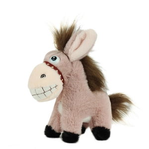 Peluche âne rose et marron avec longue crinière et sourire amusant sur fond blanc