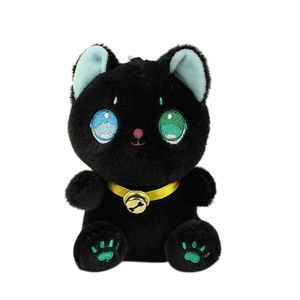 Portachiavi gatto di peluche nero con occhi bicolore e campanellino d'oro su collare
