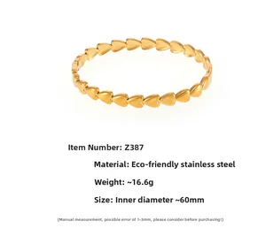 Détails du bracelet cœurs en acier inoxydable plaqué or 18K, diamètre 60mm, poids 16.6g