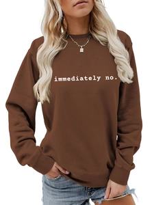 Detail of white immediately no text print on soft brown crewneck casual sweatshirt