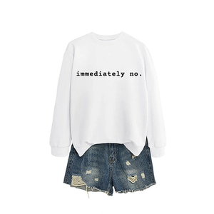 Women casual white crewneck sweatshirt with 'immediately no' print and denim shorts