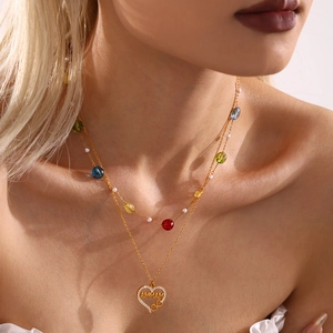 Collier Double Couche Avec Pendentif Coeur Acier Inoxydable Zircon Pierre Naturelle Lettre Mamma Bijoux Pour Femmes