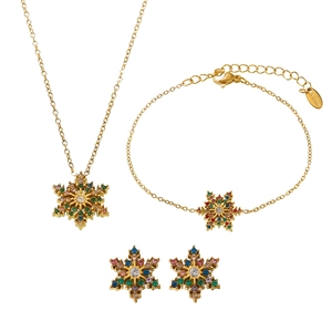 Schmuckset aus goldenem Edelstahl mit bunten Schneeflocken-Kristallen, Kette und Ohrringe