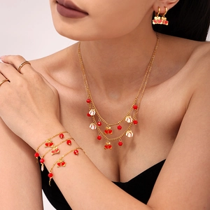 Festive red enamel garnet stainless steel jewelry set with Christmas elements for women