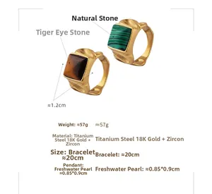 Close-up of vintage square tiger eye stone rings in 18K gold plated titanium steel