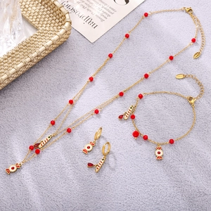 Ferris wheel candy jewelry set with red garnet stone on gold stainless steel chain