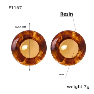 Detail view of 2.4cm resin ink pattern earrings with gold-plated copper inlay