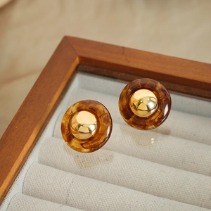 French vintage geometric resin hoop earrings with amber tortoise shell texture and gold center