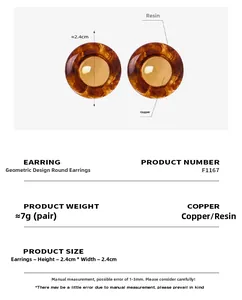 Macro view of geometric resin drop earrings with copper metal center and size specs