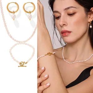 Freshwater Pearl Necklace Bracelet Hoop Earrings Stainless Steel OT Buckle Elegant Sweet Style Jewelry For Women Gift