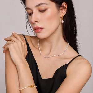 Baroque freshwater pearl jewelry set with OT clasp necklace, bracelet, and drop earrings