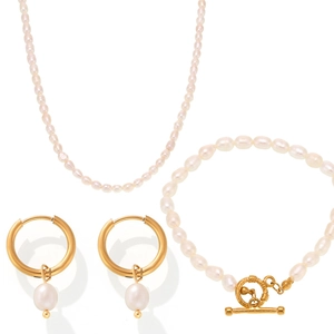 Baroque freshwater pearl jewelry set with OT clasp necklace, bracelet, and hoop earrings
