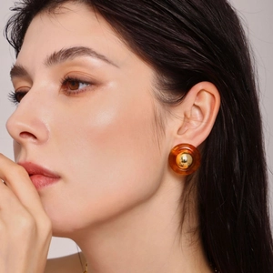 Ink-style amber resin round stud earrings with 18K gold plated metal ball accent