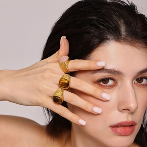 Retro 18K gold-plated stainless steel rings set featuring pink and tiger eye gemstones