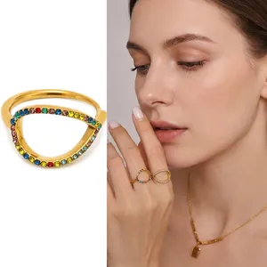 Hollow Geometric Stainless Steel Ring Colorful Cubic Zirconia Inlaid Open Adjustable Index Finger Jewelry For Women