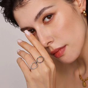 Adjustable hollow open ring in silver stainless steel with rainbow colored cubic zirconia
