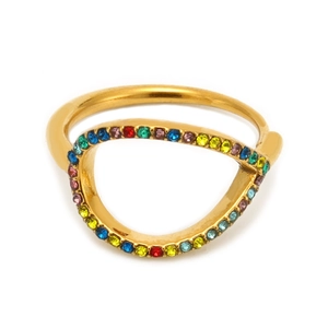 Gold stainless steel adjustable open ring featuring hollow oval design and colorful stones