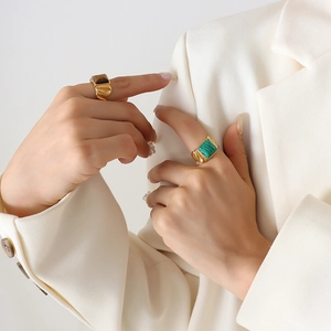 Retro Stainless Steel Ring Natural Tiger Eye Malachite Square Stone Wide Band Geometric Vintage Jewelry For Women Men