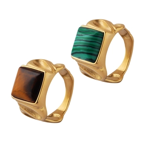 Square tiger eye and malachite stone rings with gold-plated textured metal bands