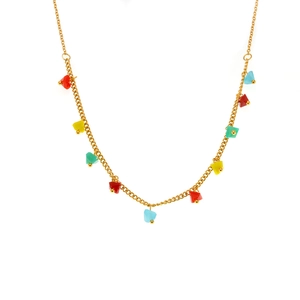 Golden stainless steel necklace with colorful geometric faceted crystal stone pendants