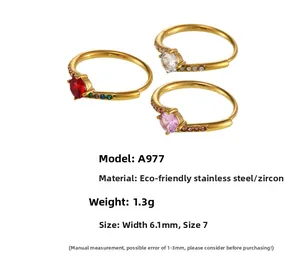 Detailed specs of stainless steel rings with red, white and pink zircon stones