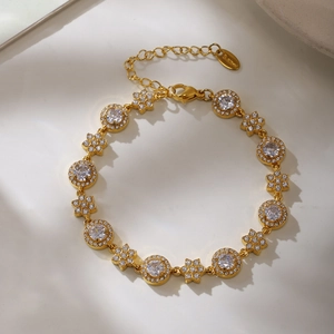 Gold stainless steel floral bracelet with 5A zircon stones and adjustable lobster clasp