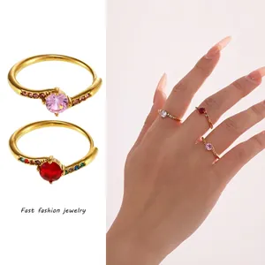 Women's Fashion Stainless Steel Ring Round Colorful Zircon Crown Twisted Band Elegant Polished Jewelry