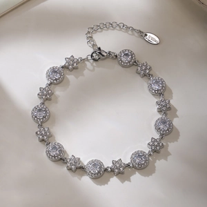 Sparkling silver stainless steel bracelet with zircon circles and stars motifs