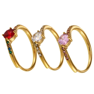 Adjustable gold plated ring set with oval pink and red crystals and gradient side stones