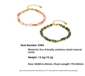 Detail view of natural stone beaded bracelets with gold stainless steel chains and extension